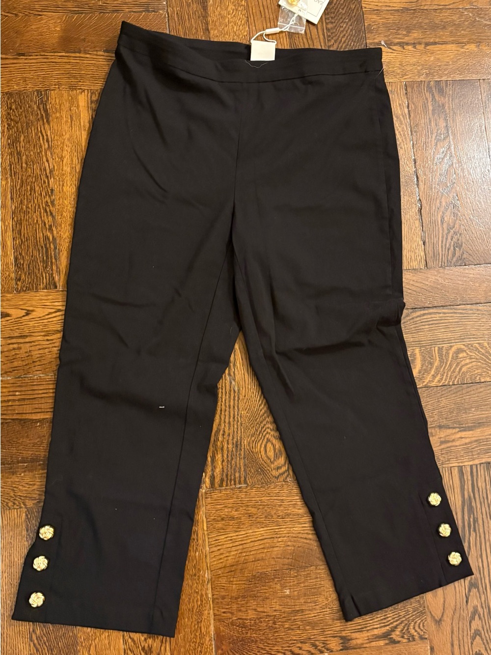 NWT Zac & Rachel Black Cropped Pull-On Pants Gold Button Hem Size 8